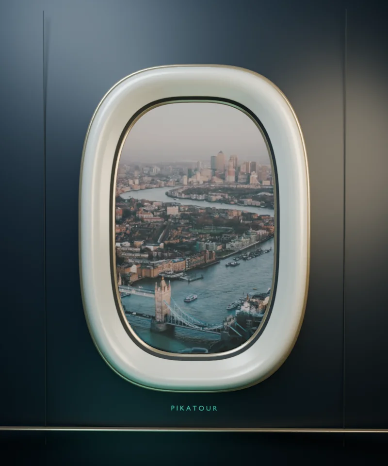 Blender-rendered aircraft window overlooking London